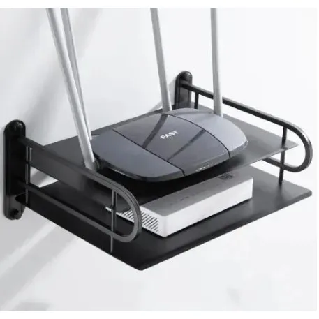 2-Tier Wall-Mounted WiFi Router Stand, Black Metal Shelf