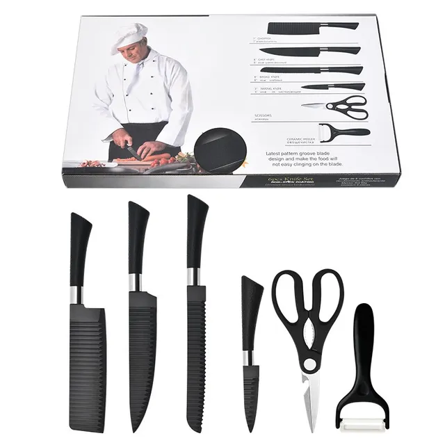 6-Piece Black Kitchen Knife Set with Scissors & Peeler, Gift Box