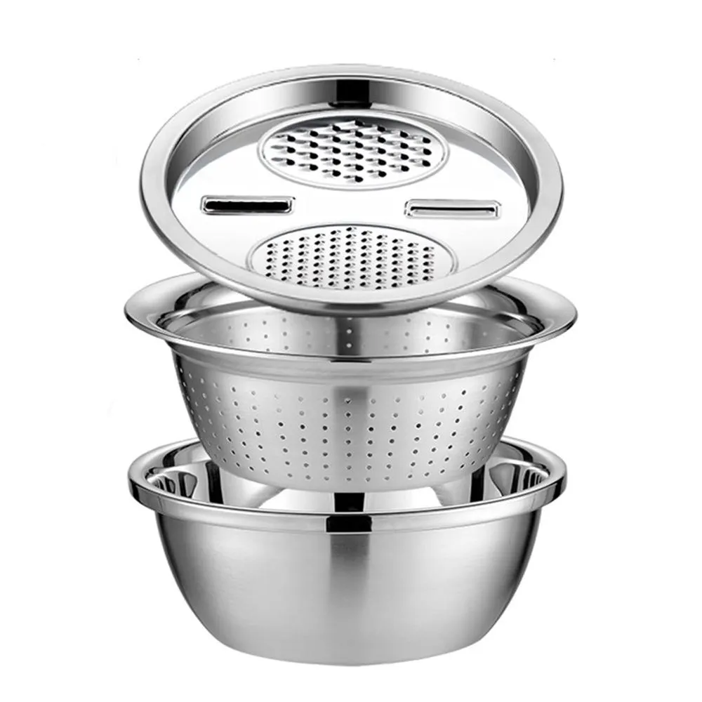 3-in-1 Stainless Steel Rice Washing Bowl, Colander & Grater Lid