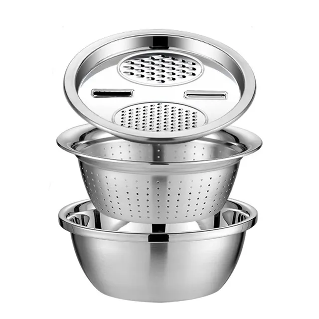 3-in-1 Stainless Steel Rice Washing Bowl, Colander & Grater Lid