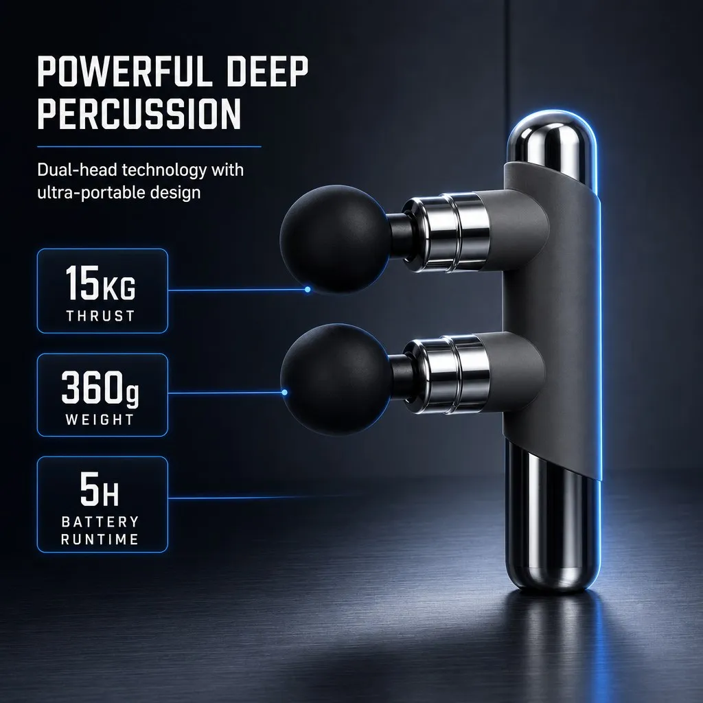Dual-Head Mini Massage Gun, Brushless Motor, 8 Heads, Rechargeable